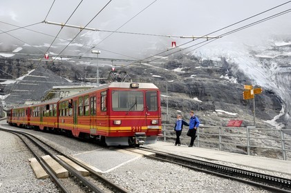 Switzerland, Canton of Bern, Bernese Oberland (highlands), Jungfrau Aletsch Bietschhorn listed as World Heritage by UNESCO, Jungfrau train at Eigergletscher stop