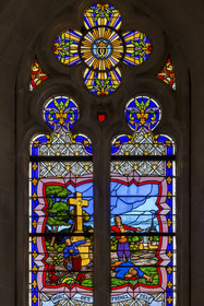 France, Vendee, Mortagne sur Sèvre, Saint-Hilaire church, church and stained glass interpretation center, stained glass window representing the Vendée war made by the Mortagnais master glassmaker Roger Degas, the death of the Pelé brothers shot by Republican soldiers
