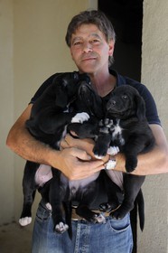 France, Gard, region of the Pays d'Uzege, Uzes, Michel Tournayre creator of the “Truffières du Soleil” on his truffle plantation with his young truffle dogs