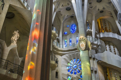 Spain, Catalonia, Barcelona, Eixample district, Sagrada Familia basilica by Catalan modernist architect Antoni Gaudi, listed as a UNESCO World Heritage Site, the interior of the Passion facade dedicated to the Virgin Mary and the transept of the Passion facade dedicated to water, resurrection and light