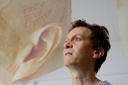 South Africa, Gauteng Province, Johannesburg, the artist Paul Emmanuel in his workshop, in the background a model for his project The Lost Men France