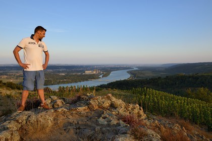 France, Loire, Parc Naturel Regional du Pilat (Natural Regional Park of Pilat), the domaine du Monteillet Stephane Montez, Stephane Montez in his vineyard overlooking the Rhone river, the Saint Alban nuclear power plant in the background
