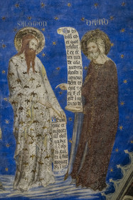 France, Vaucluse, Avignon, Palais des Papes (Palace of the Popes) listed as World heritage by UNESCO, Grand Audience Hall also Rota Tribunal, the only remaining elements of the fresco of the prophets painted by Matteo Giovannetti in 1353 which adorns the vault of the last bay, probable representation of the prophets Solomon and Job