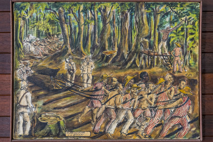 France, Guyane, Cayenne, musée départemental Alexandre-Franconie, peintures réalisées par un bagnard, Francis Lagrange dit Flag, condamné pour escroquerie et faux monnayage mais qui était aussi faussaire et artiste, elles retracent la vie (et le mort) au bagne