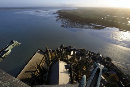 France, Manche, Mont Saint Michel, listed as World Heritage by UNESCO, Apse and the bay seen from the spire at dawn