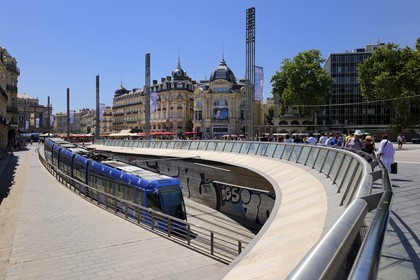 France, Herault, Montpellier, historical center, the Ecusson, tramway on the Place de la Comedie (Comedy Square)