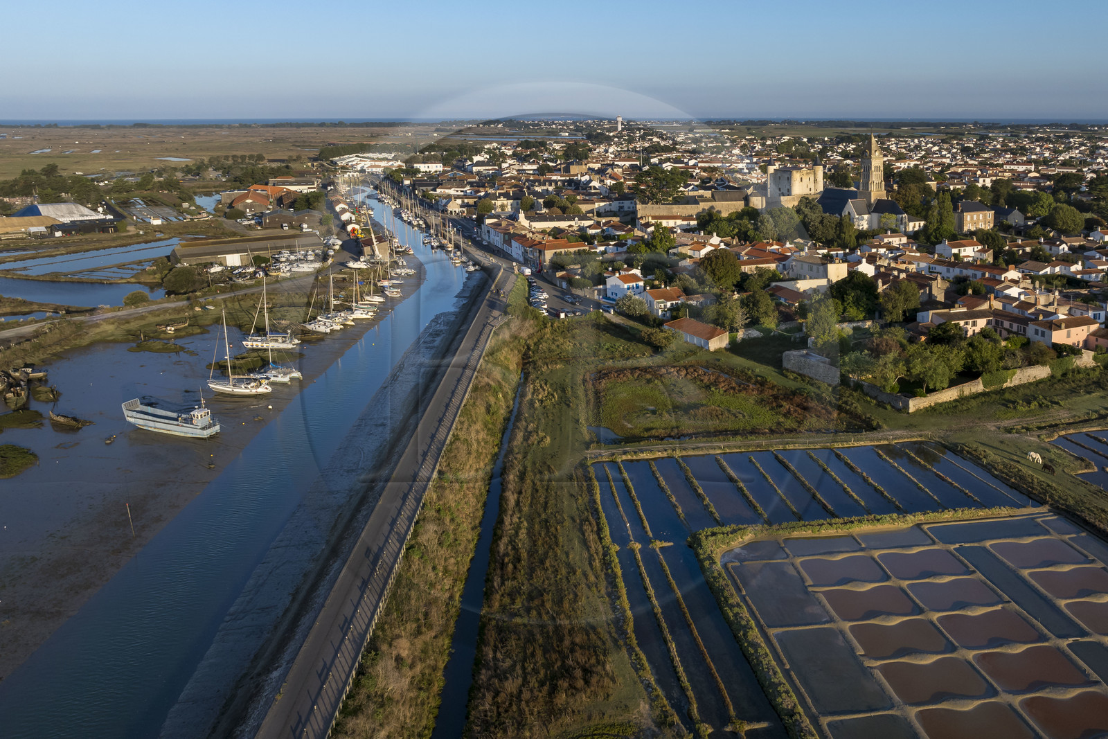 France, Vendée (85), île de Noirmoutier, Noirmoutier-en-l'Ile, les marais du Müllembourg le long de la chaussée Jacobsen du canal d'accès au port, le château médiéval et l'église Saint-Philbert en arrière plan (vue aérienne)