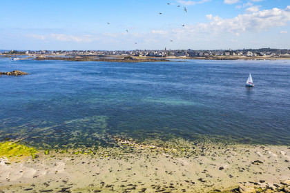 France, Finistère (29), Iles du Ponant, Ile de Batz, le chenal entre la Pointe de Penn-Batz et Roscoff en arrière plan (vue aérienne)