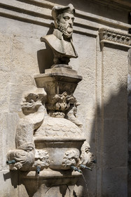 France, Bouches du Rhone, Regional Natural Park of the Alpilles, Saint Remy de Provence, Nostradamus fountain