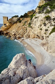 France, Bouches du Rhone, Ensues-la-Redonne towards Marseille, the Cote Bleue (Blue Coast), hike from Niolon to Cap Méjean along the Customs Trail, the small beach of the Erevine Calanque