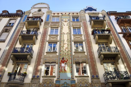 France, Bas Rhin, Strasbourg, Neustadt district dating from the german period, Art Nouveau and Orientalist building known as Egyptian House at 10 rue du General Rapp by architect Scheyder and polychrome fresco with Egyptian figures and plant motifs by the artist Zilly (1905-1906)