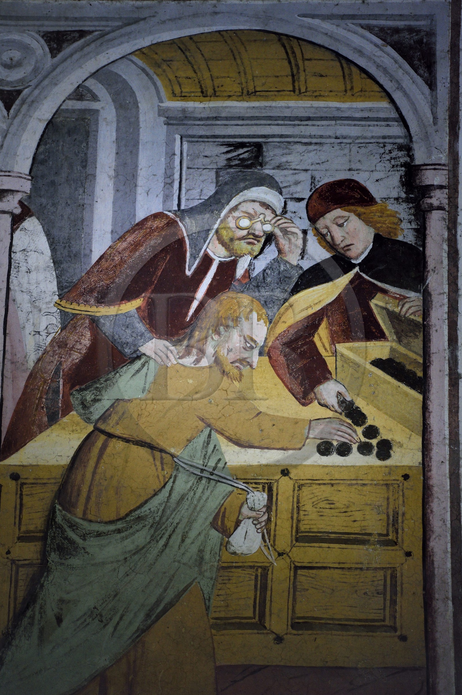 France, Alpes-Maritimes (06), vallée de la Roya, La Brigue, chapelle de Notre-Dame-des-Fontaines, fresques du XVe siècle attribuées à Jean Canavesio, tableau de la trahison de Juda où certains habitants se plaisent à voir une représentation du complot ourdi en 1472 par la Maison de Savoie pour assassiner Honoré de Lascaris