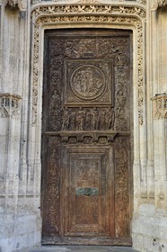 France, Seine Maritime, Rouen,  Gothic Church of St Maclou (15th century), detail of the Renaissance carved wooden door of the left portal
