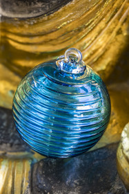 France, Moselle (57), Meisenthal, International Center for Glass Art (CIAV), handcrafted Grip Petrol Blue glass Christmas bauble from the 2025 collection