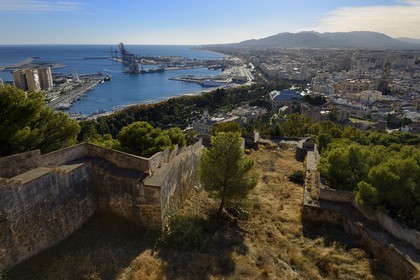 Spain, Andalusia, Malaga, general view over the harbor, the Alcazaba and the cathedral from the Castillo de Gibralfaro