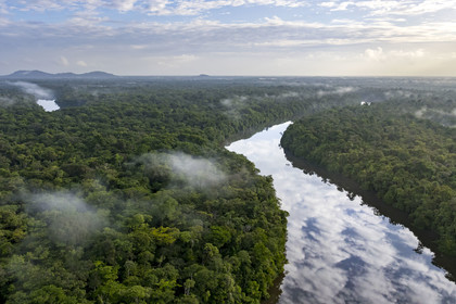 France, French Guiana, Kourou, Camp Maripas, the Kourou River flowing through the rainforest (aerial view)