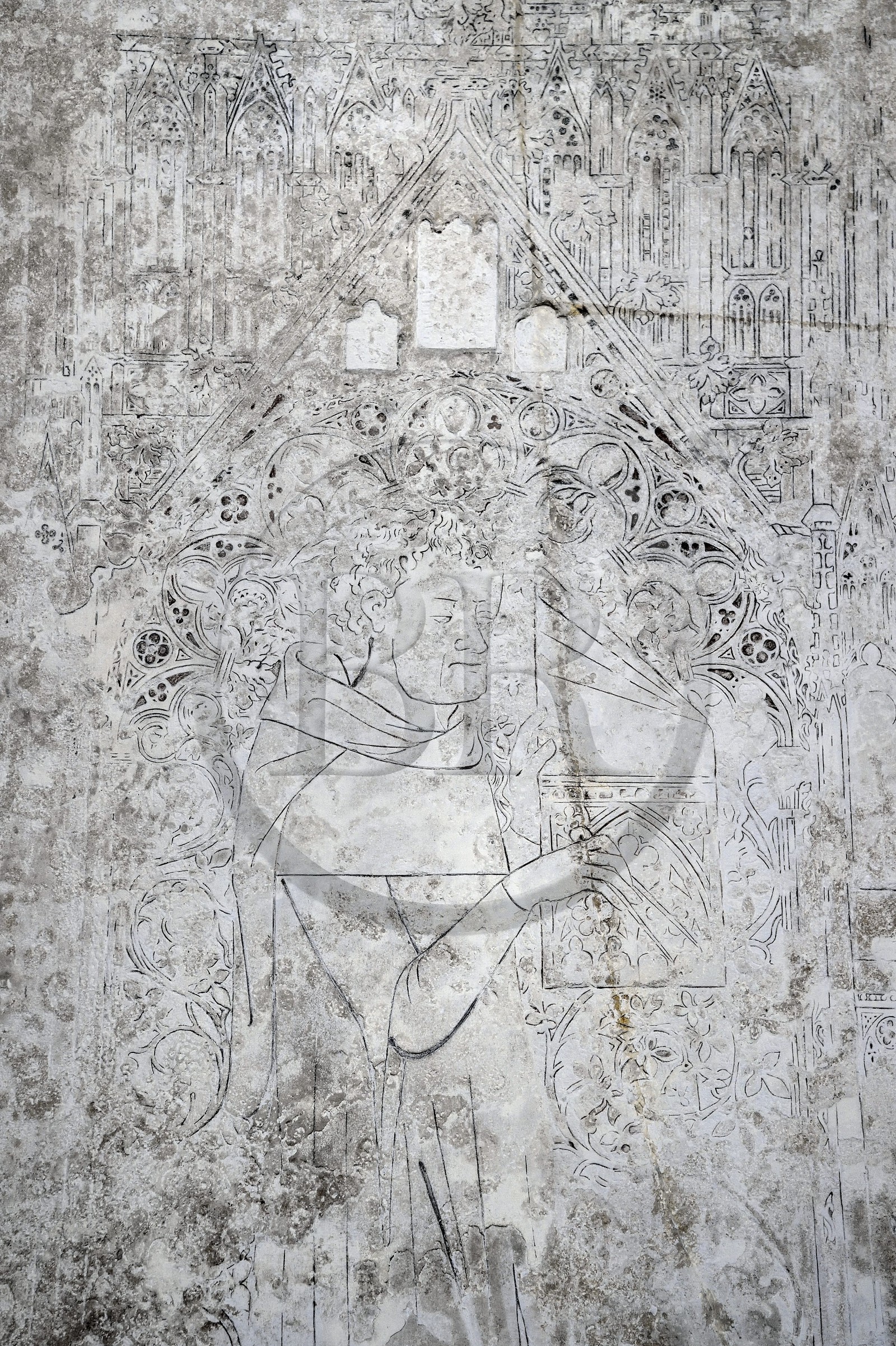 France, Seine Maritime, Rouen, Church of Saint Ouen (12th–15th century), 14th century tumultuous stone of one of the architects of the abbey, funerary slab under which his ashes once rested