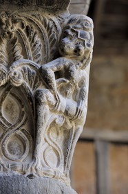 France, Aude, Lagrasse village, labelled Les Plus Beaux Villages de France (The Most Beautiful Villages of France), Sainte Marie de Lagrasse Abbey, capital of lust attributed to the the master of Cabestany