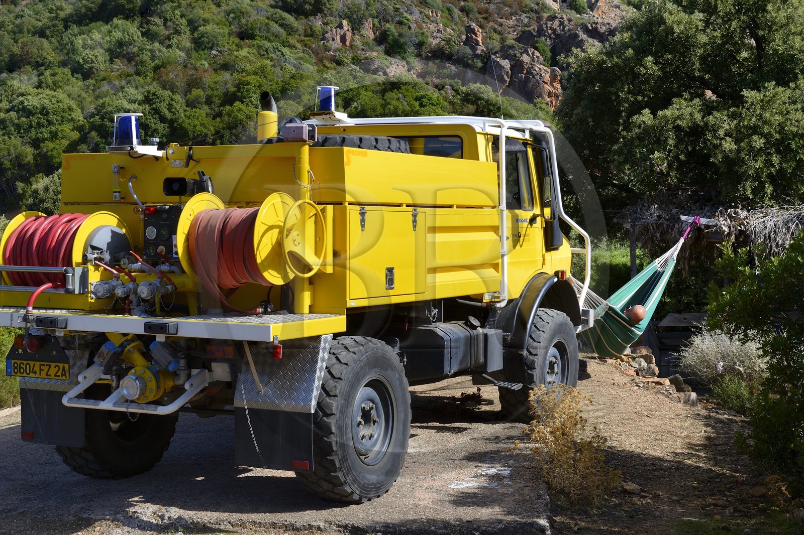 France, Corse-du-Sud (2A), Golfe de Porto, classé Patrimoine Mondial de l'UNESCO, camion des sapeurs pompiers et sieste dans un hamac