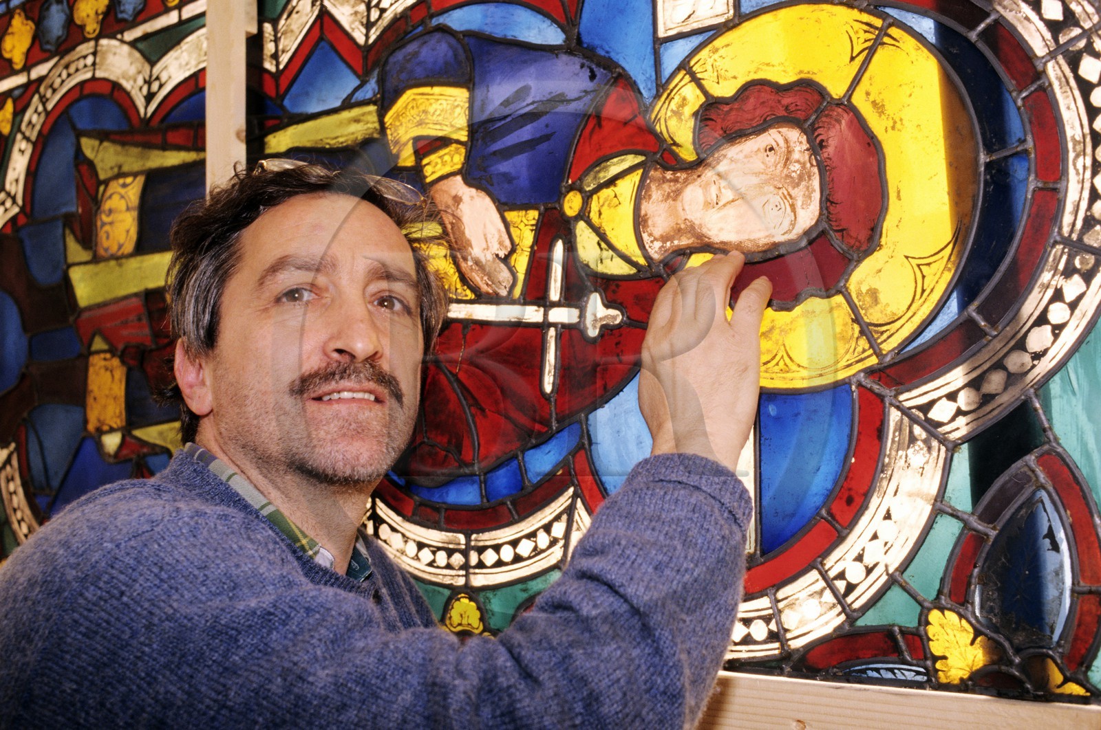 Italie, Toscane, Sienne, restauration du vitrail de Duccio di Buoninsegna à la Cathédrale de Sienne (Duomo)