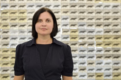 South Africa, Gauteng Province, Johannesburg, the 44 Stanley site was once a series of industrial 1930′s buildings and has been developed into a collection of speciality boutiques, foodie stops and design studios, the art Gallery AOP, the artist Fiona Pole in front of her work Wolf at the Door (2014)