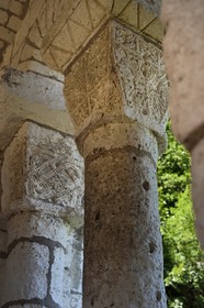 France, Dordogne, Brantome, Saint Pierre benedictine abbey, inside the bell tower of the abbey church (11th century); certainly the oldest bell tower in France, details of limestone capitals