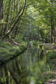 France, Nièvre (58), Parc naturel régional du Morvan, en aval de l'aqueduc de Montreuillon, cycliste sur le chemin bordant la Rigole d'Yonne qui puise les eaux de l'Yonne au lac de Pannecière et alimente le canal du Nivernais