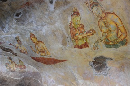 Sri Lanka, Central Province, Matale District, Sigiriya, Old city of Sigiriya listed as World Heritage by UNESCO, frescoes called The Young Ladies of Sigiriya in a Rock of the Lion cave