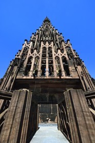 France, Bas Rhin, Strasbourg, old town listed as World Heritage by UNESCO, Notre Dame Cathedral, view of the arrow from the top of the octagonal tower, it is equipped with eight external stairs hidden in this eight-sided pyramid complex drawing