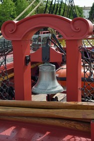 France, Charente-Maritime, Rochefort, International Center of the Sea in the former Rochefort Maritime Dock, the frigate Hermione replica of the three-master ship where the Marquis de Lafayette sailed for America in 1780, the bell
