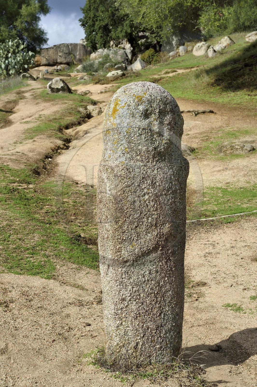 France, Corse-du-Sud (2A), site préhistorique de Filitosa, statue menhir représentant des personnages armés