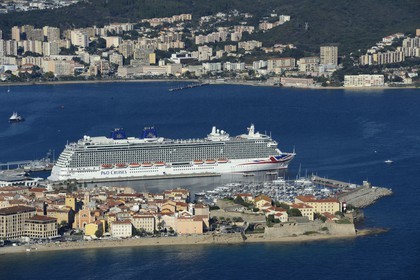France, Corse du Sud, Ajaccio, the citadel in the old town and the harbor (aerial view)