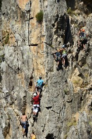 France, Ardeche, Monts d'Ardeche Regional Natural Park, Thueyts, the upper valley of the Ardeche River, the via ferrata of the Pont du diable (the Devil's Bridge)