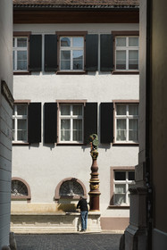 Suisse, Bâle, le vieux Bâle, Augustinergasse, fontaine surmontée d'un dragon à tête de coq et queue de serpent tenant l'emblème de la ville