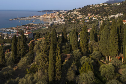 France, Alpes-Maritimes, Menton, Domaine des Colombieres, view of the city from the estate (aerial view)