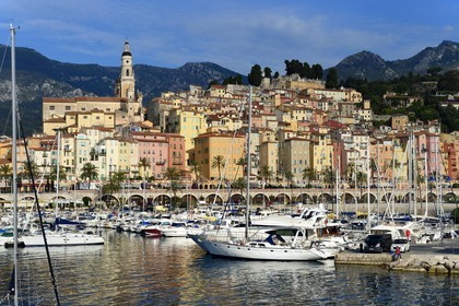 France, Alpes-Maritimes, Menton, the port and the old town dominated by the St Michel Basilica