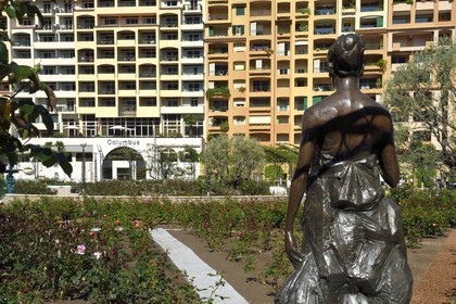 Principality of Monaco, Fontvieille, Princess Grace Rose Garden and her statue, hotel Columbus in the background