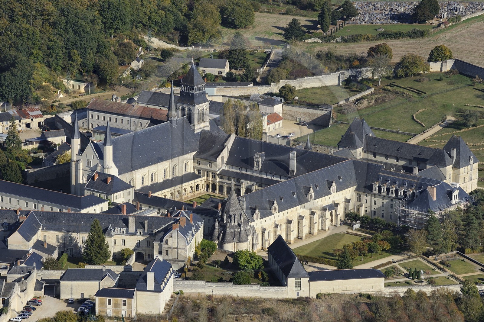 France, Maine et Loire, Loire Valley listed as World Heritage by UNESCO, Fontevraud l'Abbaye, Fontevraud Abbey (aerial view)