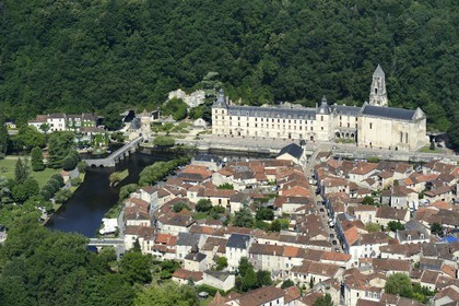 France, Dordogne, Brantome, Saint Pierre benedictine abbey along the Dronne river and the village (aerial view)