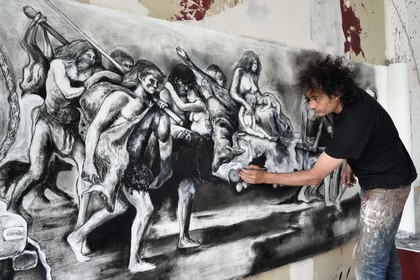 France, Val-de-Marne (94), Yvry-sur-Seine, Atelier de Fred Kleinberg, travail pour l'exposition Odyssée