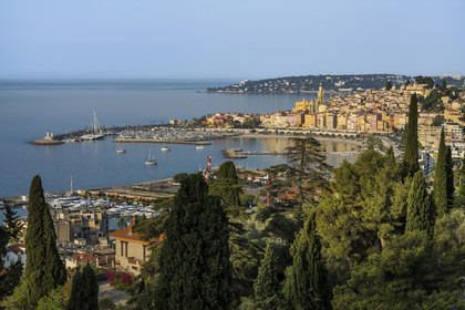 France, Alpes-Maritimes, Menton, Domaine des Colombieres, view of the city from the estate