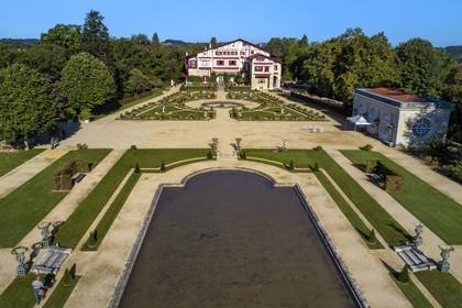 France, Pyrenees Atlantiques, Basque Country, Cambo les Bains, the Villa Arnaga and its French-style garden, the French author Edmond Rostand's house of neo-basque style and museum (aerial view)