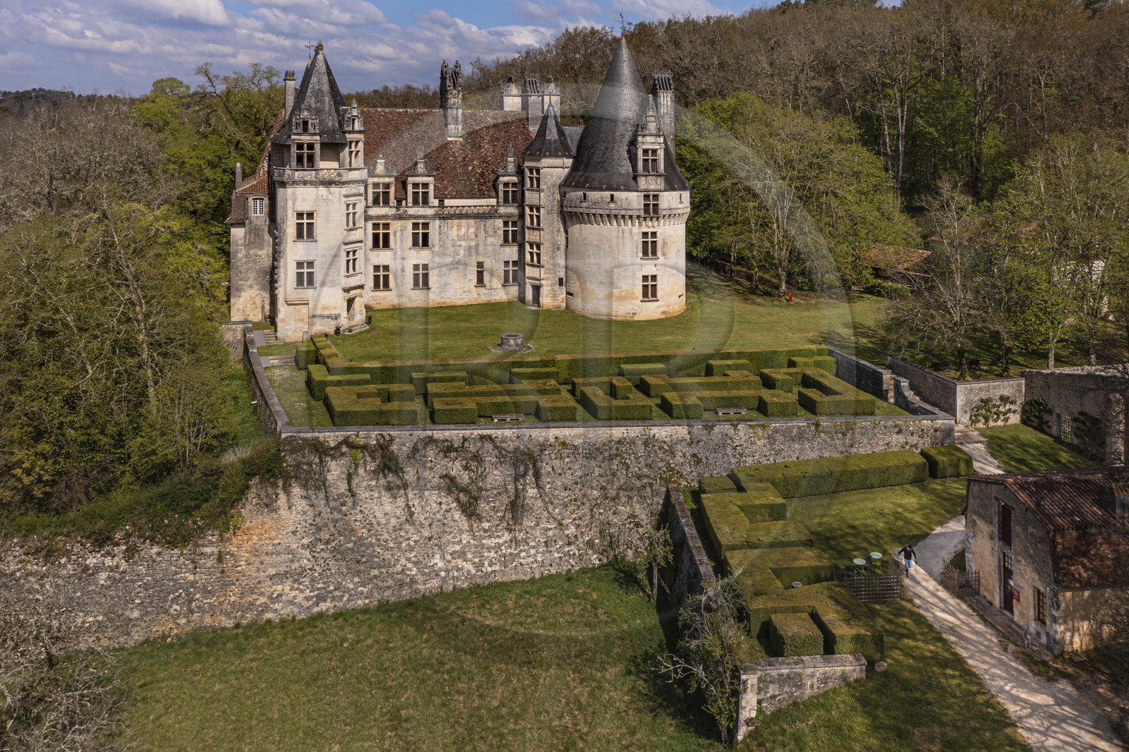 France, Dordogne, Perigord Vert, Villars, Renaissance style Puyguilhem castle (aerial view)