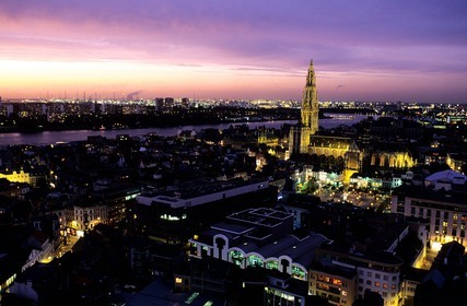 Belgium, Flanders, Antwerp (Antwerpen), Notre Dame cathedral and the city centre on the Schelde (also Scheldt or Escaut) river