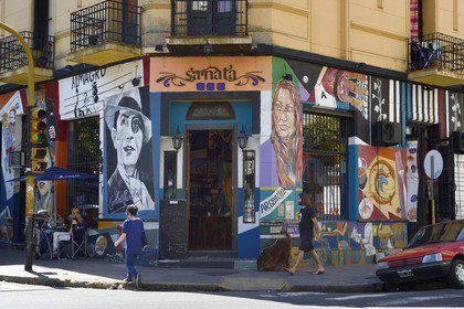 Argentina, Buenos Aires, Sanata Bar (restaurant and music) in Sarmiento street, mural on the theme of tango and Carlos Gardel