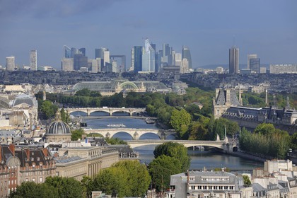 France, Paris (75), vue générale depuis la cathédrale Notre-Dame de Paris avec les rives de la Seine classées Patrimoine Mondial de l'UNESCO et les tours de la Défense