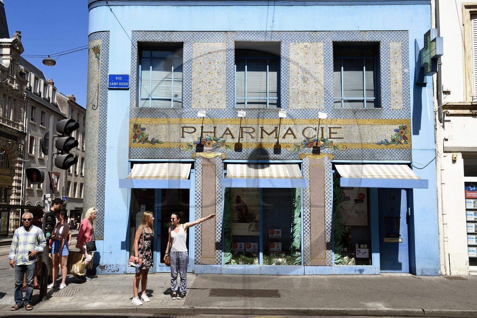 France, Meurthe-et-Moselle, Nancy, Point Central Pharmacy decorated in the style of Nancy Art Nouveau School and Art Deco with mosaics made by the Parisian ceramist Antoine Ebel