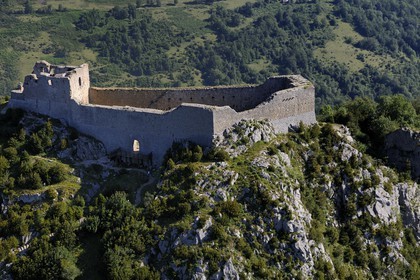 France, Ariege, Pays d' Olmes, Cathar Castle of Montsegur perched on a rock (aerial view)..