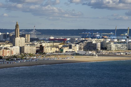 France, Seine Maritime, Le Havre, listed as World Heritage by UNESCO, the city center around the Lantern tower of Saint Joseph church seen from Sainte-Adresse and the large pebble beach