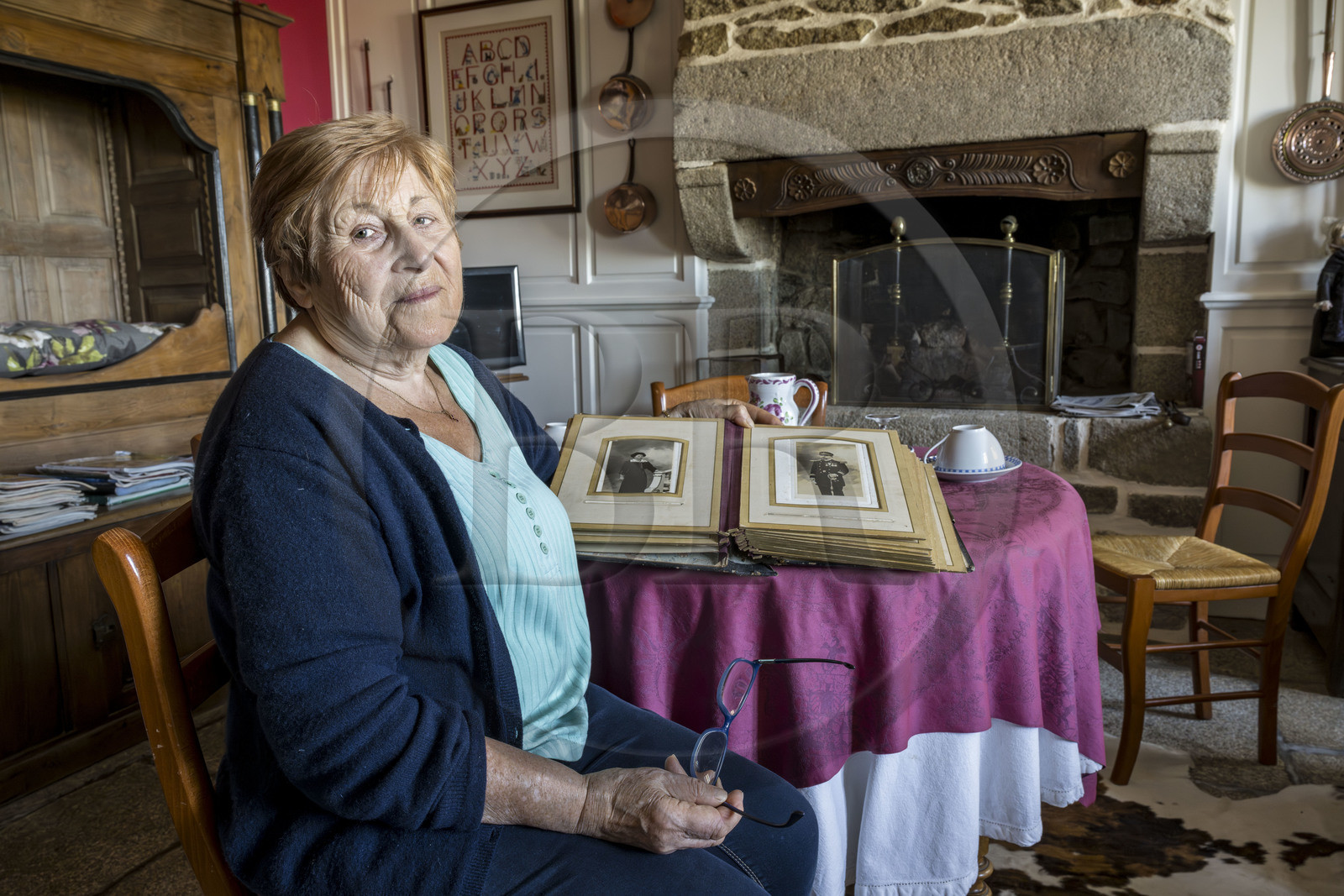 France, Finistère, Ponant Islands, Ile de Batz (Batz Island), Marie-Pierre Prigent’s Bed and Breakfast in the Bourg, Marie Pierre Prigent presents her grandfather, Doctor Glérant, a doctor in the military navy, who accompanied the cod boats